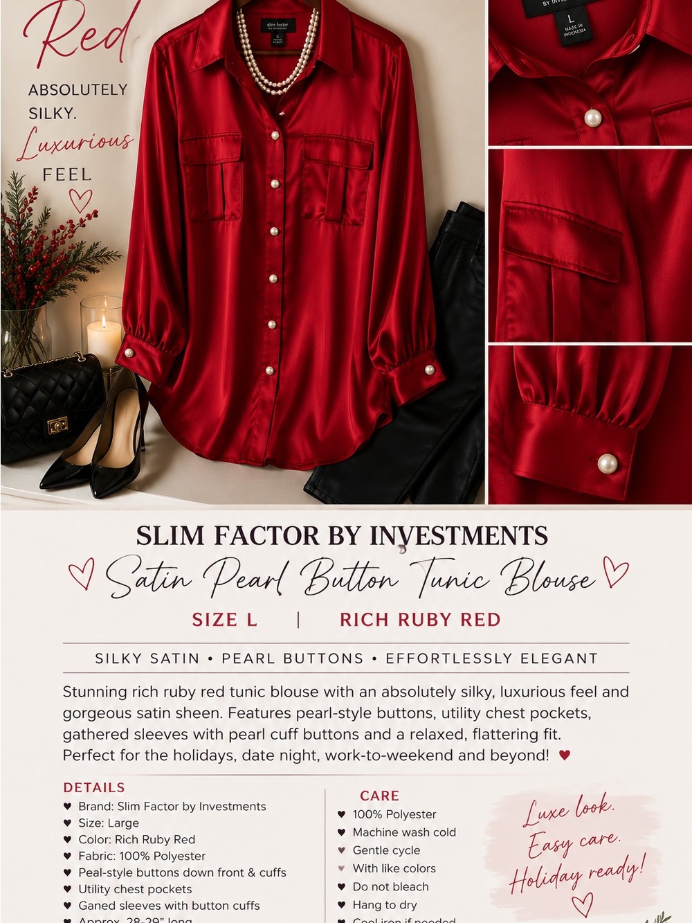 Slim Factor Rich Ruby Red Silky Satin Pearl Button Tunic Blouse L